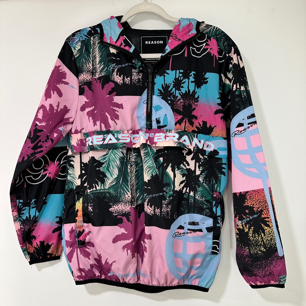 Reason‎ Tropical Palm Windbreaker Jacket Women S Multicolor Quarter Zip Retro